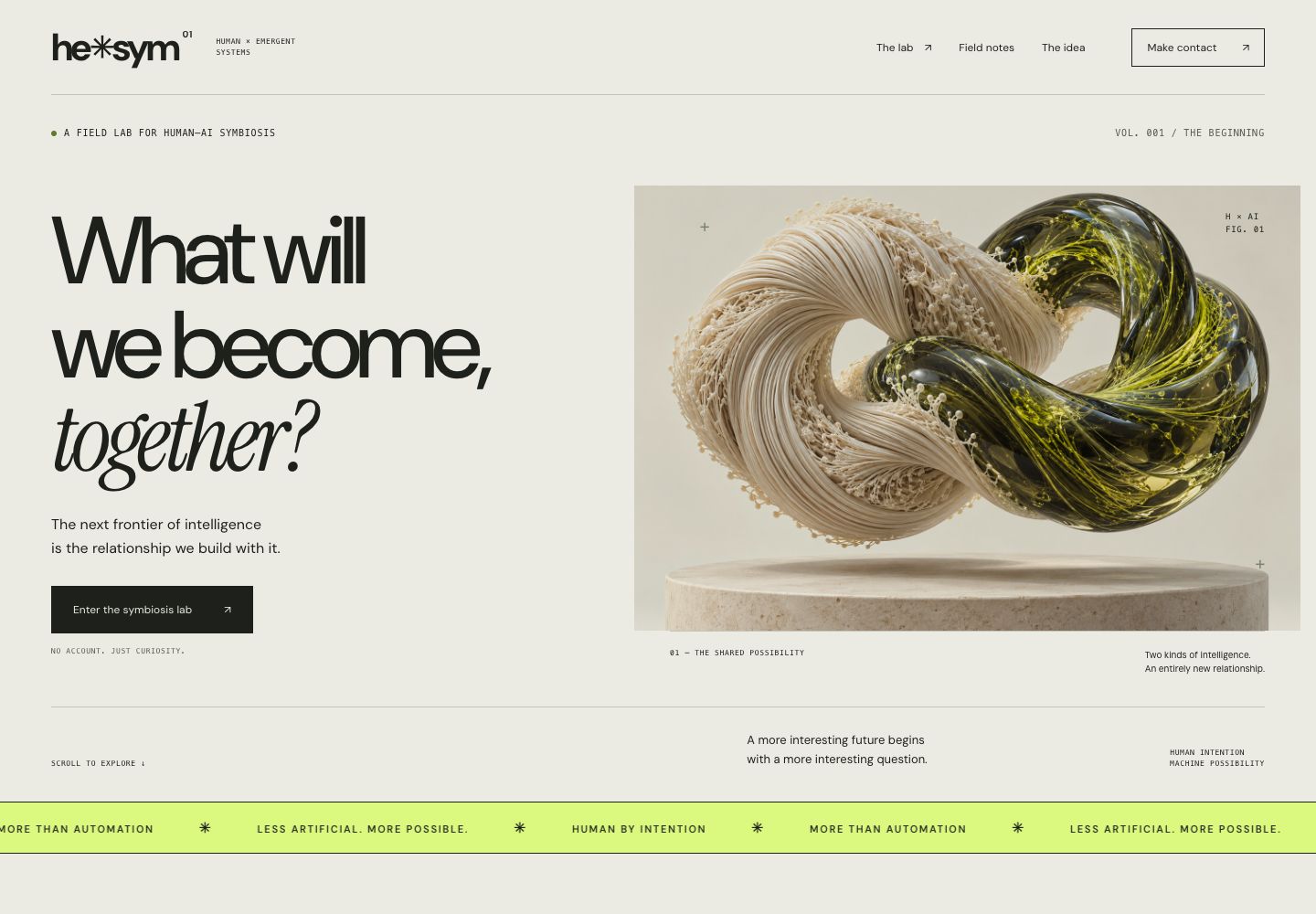 The rebuilt Hesym homepage, a real artifact from Experiment 001.