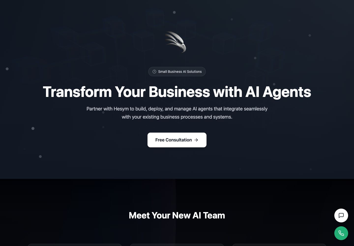Archived Hesym homepage: a dark page headed Transform Your Business with AI Agents.